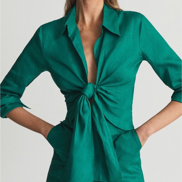 Reiss Corinne Linen Green Tie Waist Blouse - Picture 1 of 6